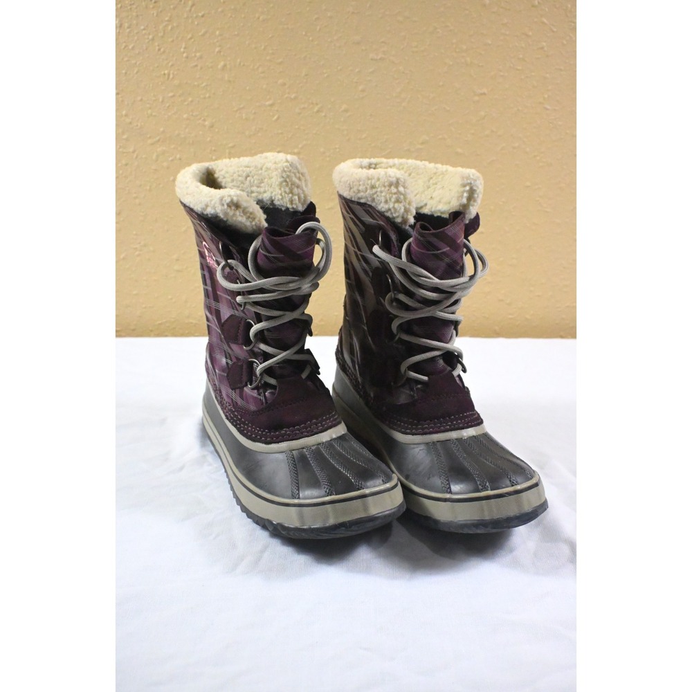 Sorel 1964 Pac Waterproof Winter Boots Womens 8 Purple Plaid Fur Lined Snow